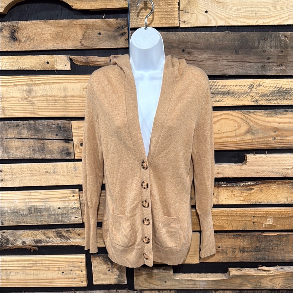 Precious Fibers Beige 100% Cashmere Hooded Cardigan Sweater‎ Size Small